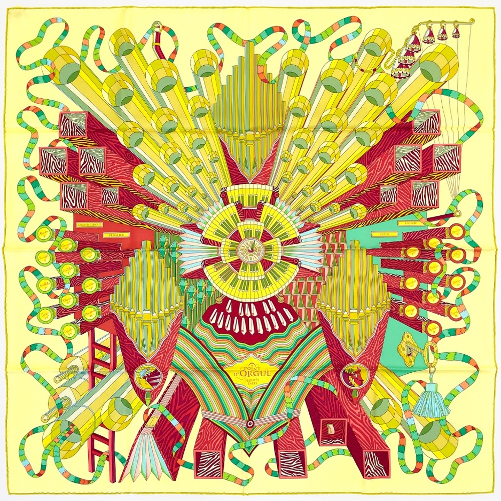 NWT Hermes Scarf Carré 90 "Point d’Orgue" in Light Yellow